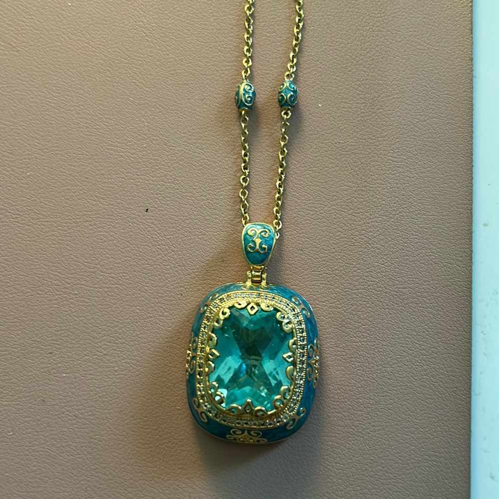 Lauren G. Adams blue aqua Moroccan enamel crystal long 36” necklace